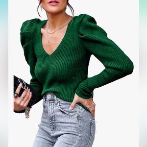 Women's Rib Knit Sweater Casual Long Puff Sleeve (Dark Green,Medium)